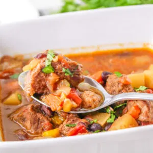 mexican beef stew in white bowl with spoon