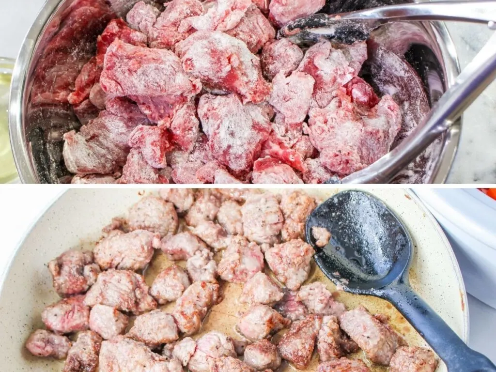 coating beef stew meat with flour