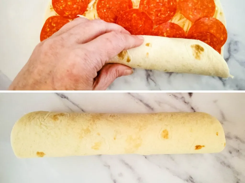 Rolling up pepperoni pizza on tortillas