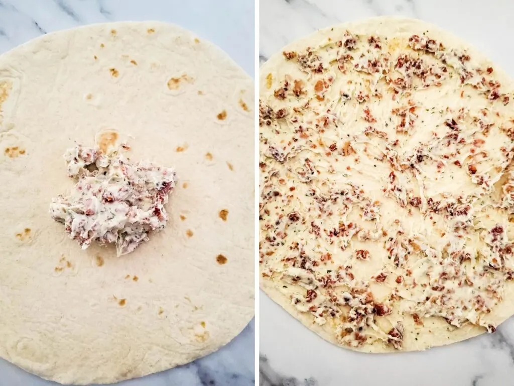 spreading bacon cream cheese on tortillas