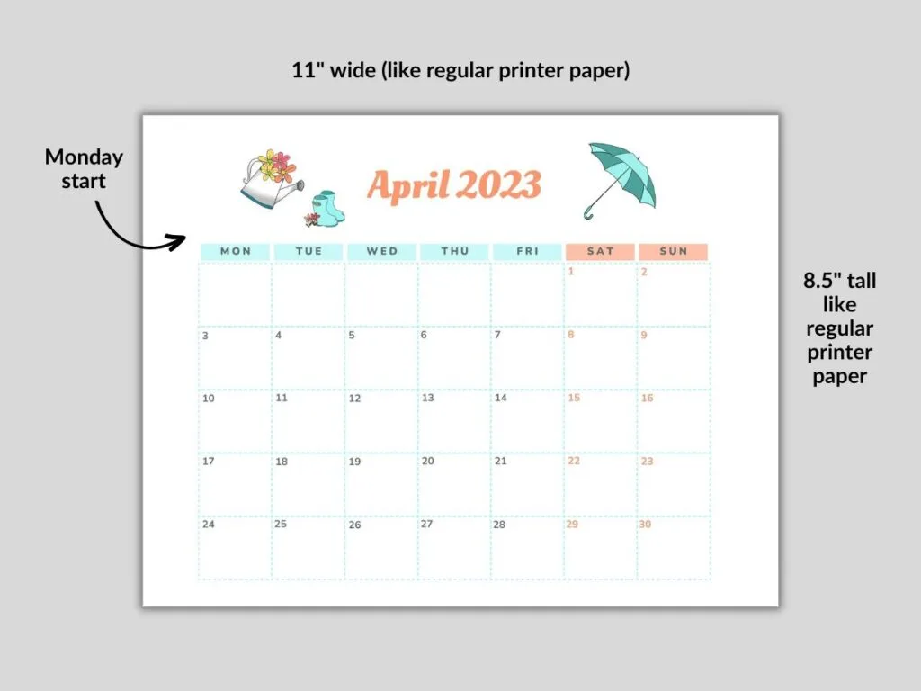 printed April calendar with measurements