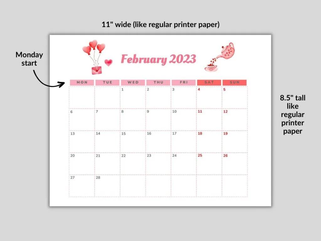 printout of February 2023 calendar with measurements