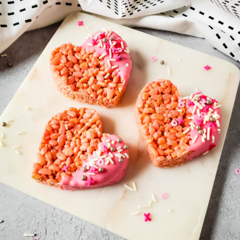 heart shaped rice krispies treats on square platter