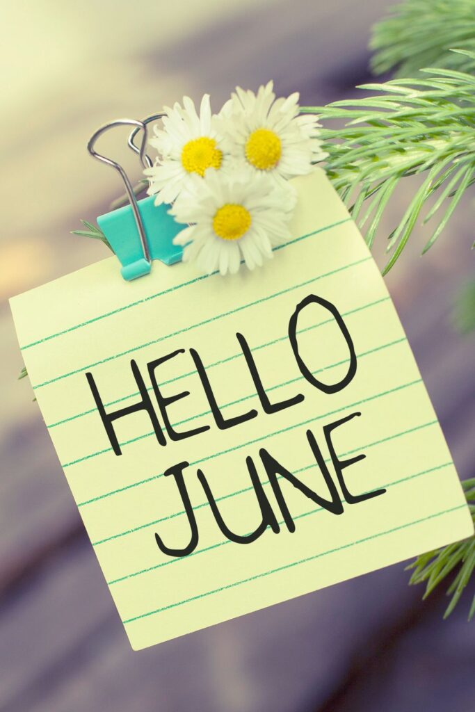 hello June on yellow lined paper with flower