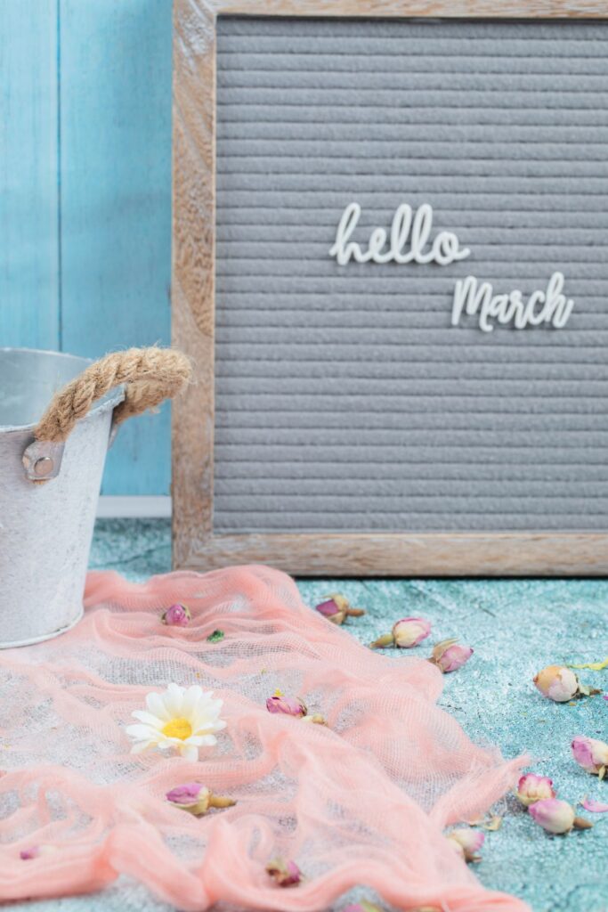 hello March on felt board with pink fabric and flowers