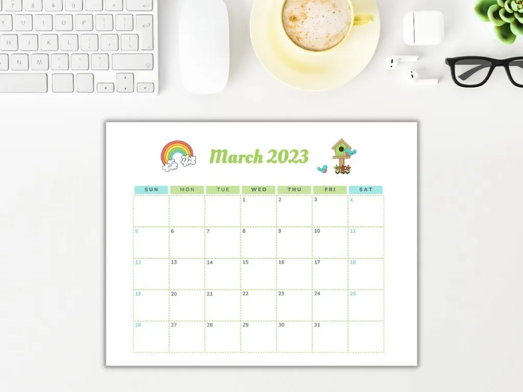 March printable calendar on desktop