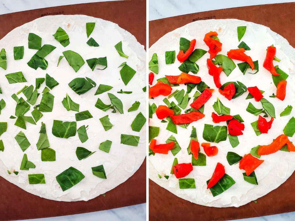 laying spinach and peppers on tortillas with cream cheese