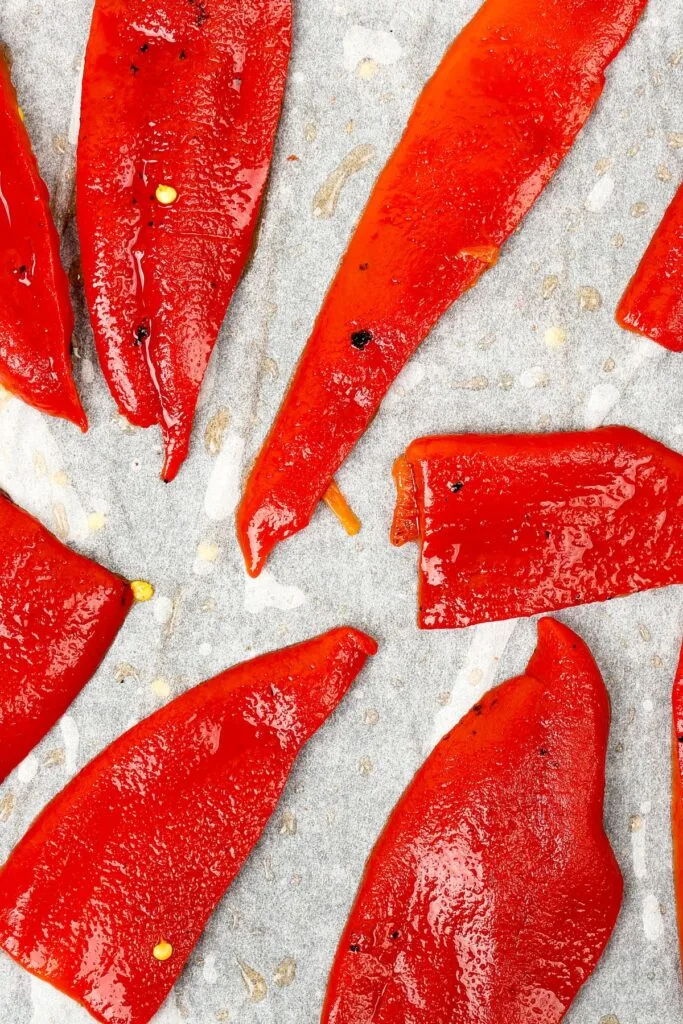 roasted red peppers laid out on paper towel
