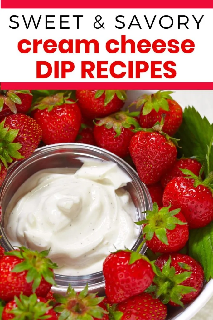 vanilla cream cheese dip with fresh strawberries in white bowl