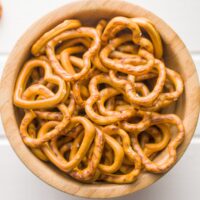 Heart shaped pretzels in wooden bowl