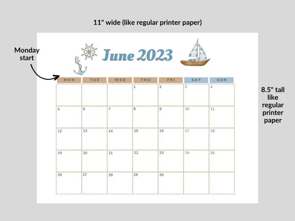 showing June free printable calendar with measurements