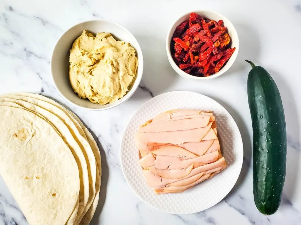 ingredients for turkey hummus pinwheel appetizers