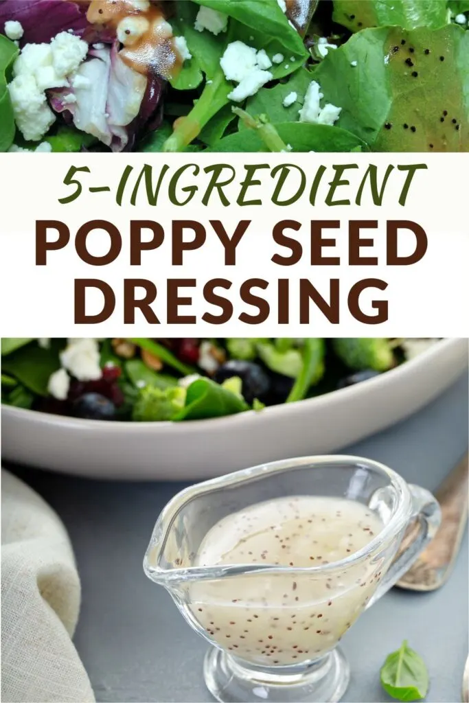 5 ingredient poppy seed dressing in glass pourer with bowl of salad