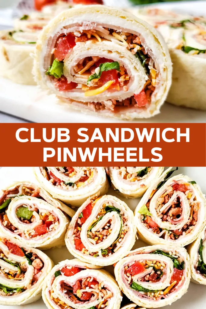 Club sandwich pinwheels on platter
