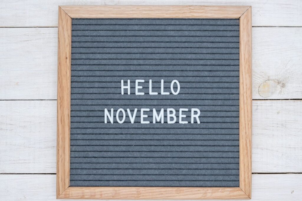 Hello November white letters on gray felt board