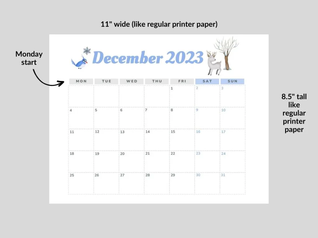 printable December calendar with measurements on gray background