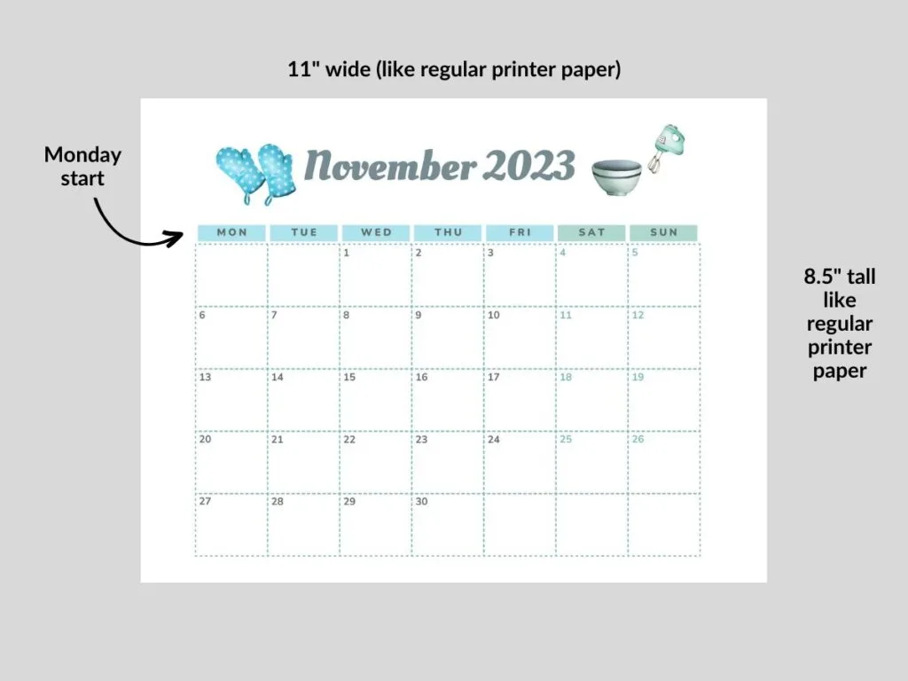 printable November calendar with measurements on gray background