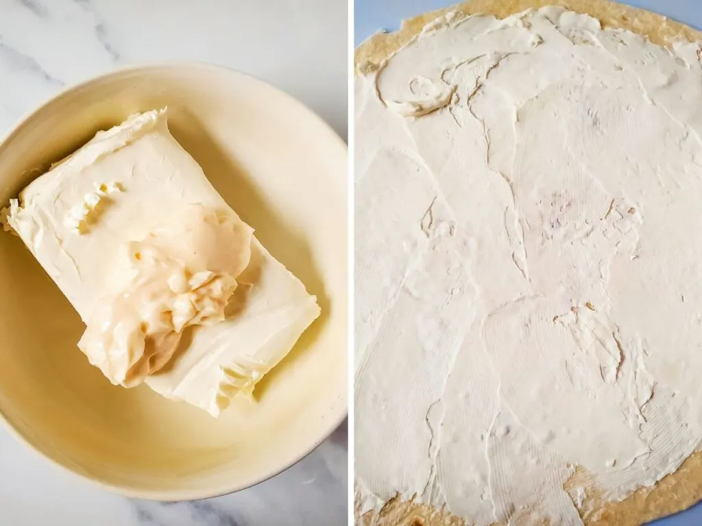 mixing mayo cream cheese and spreading on tortilla