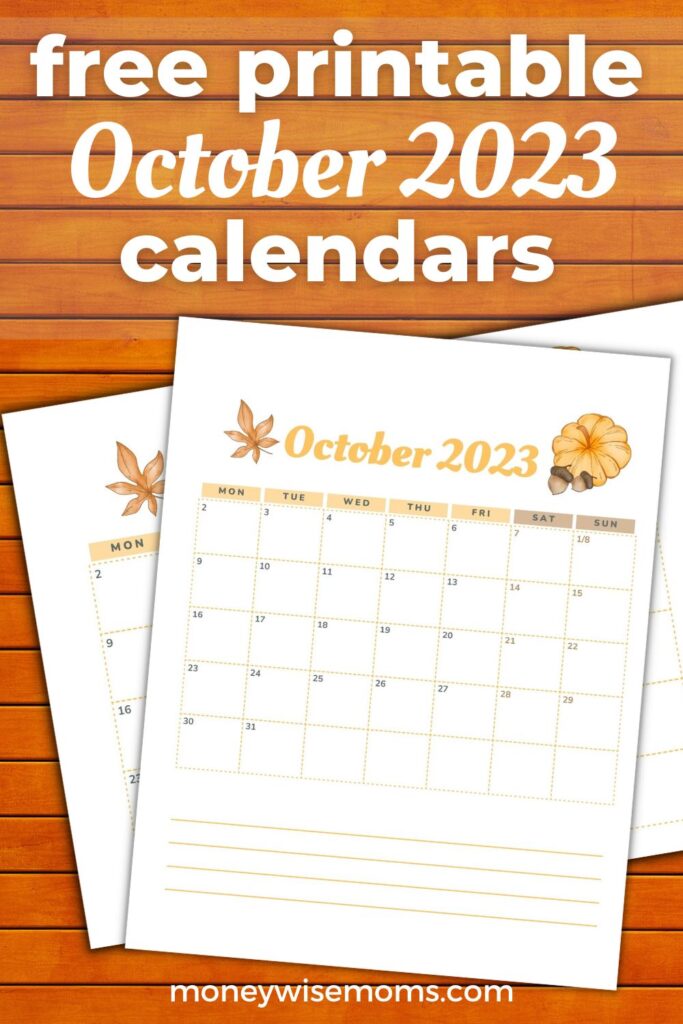 printable October calendars on orange wooden background