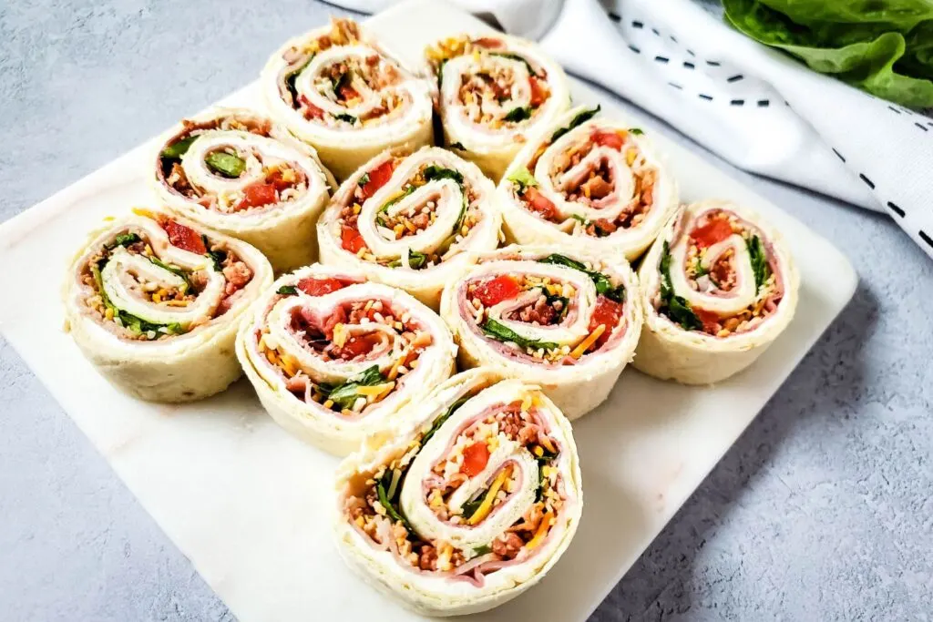 square platter of club sandwich tortilla pinwheels