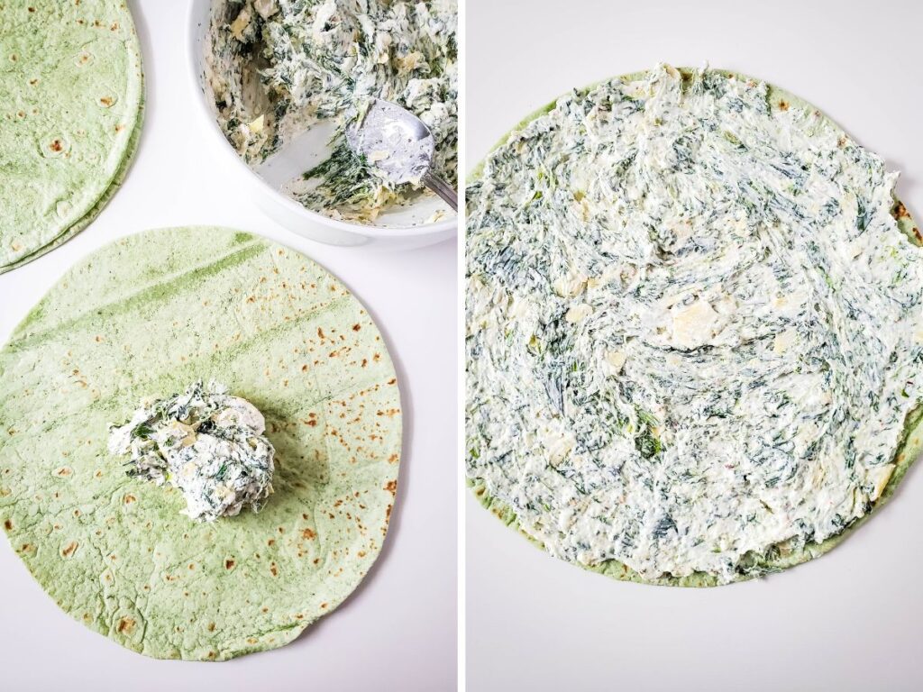 spreading spinach cream cheese mixture on wraps to make pinwheels