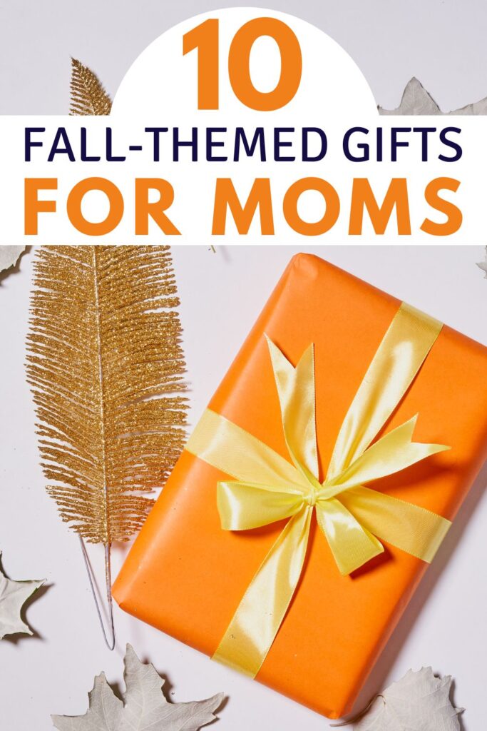 orange gift with leaves and gold feather - fall gifts for mom