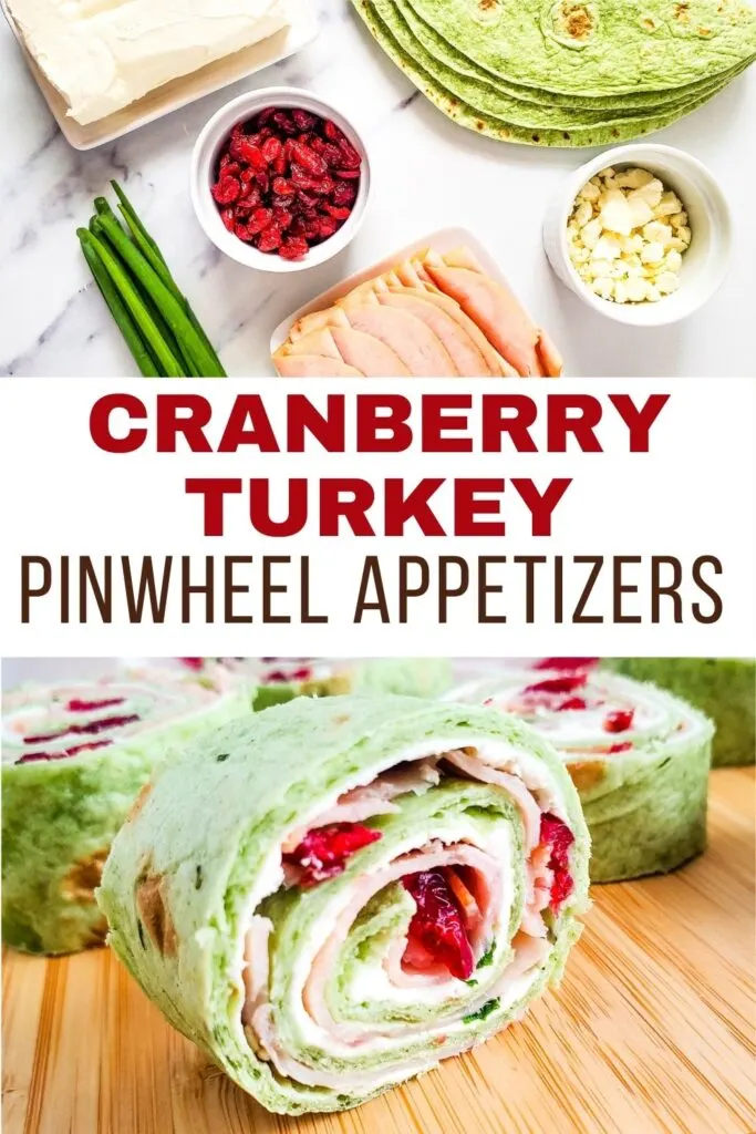 ingredients for cranberry turkey pinwheel appetizers along with close up of finished recipe