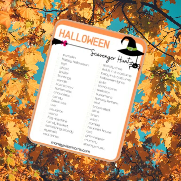 printed Halloween scavenger hunt on fall leaves