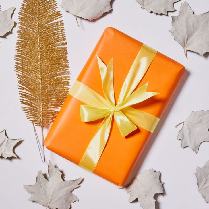 orange gift with leaves and gold feather