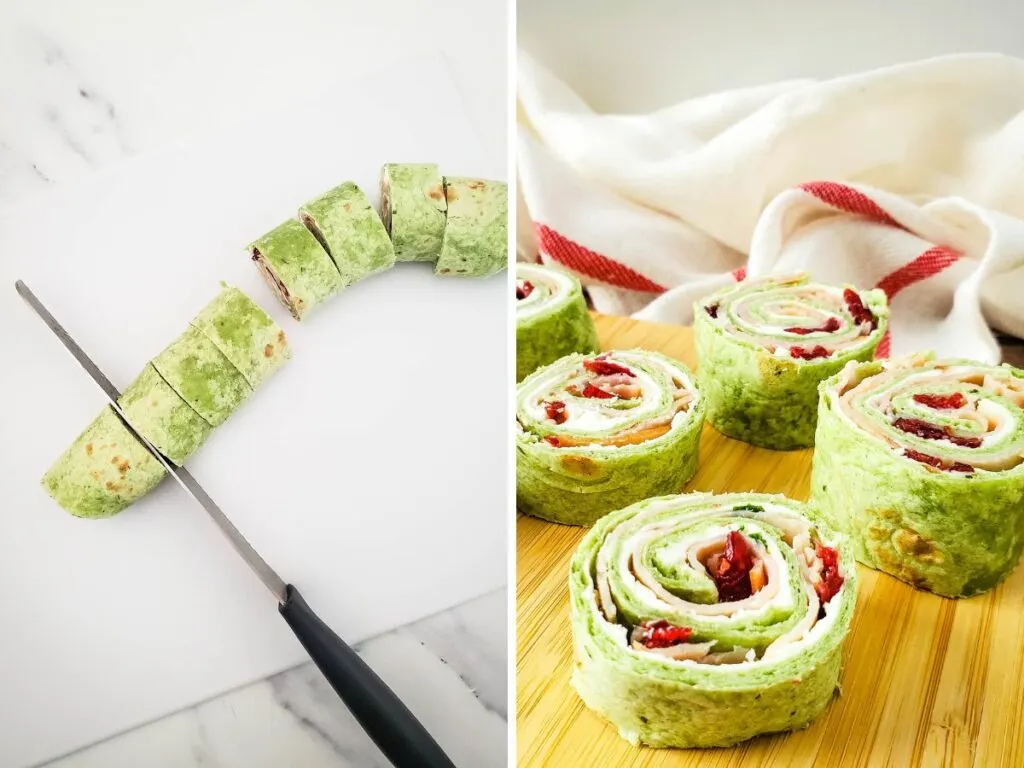 slicing spinach turkey rollup appetizers