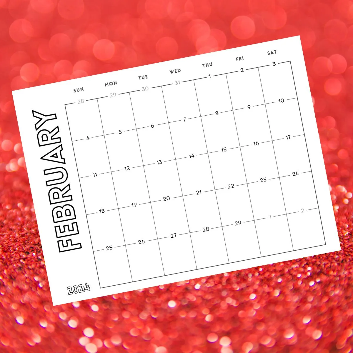 printed February 2024 calendar on red background
