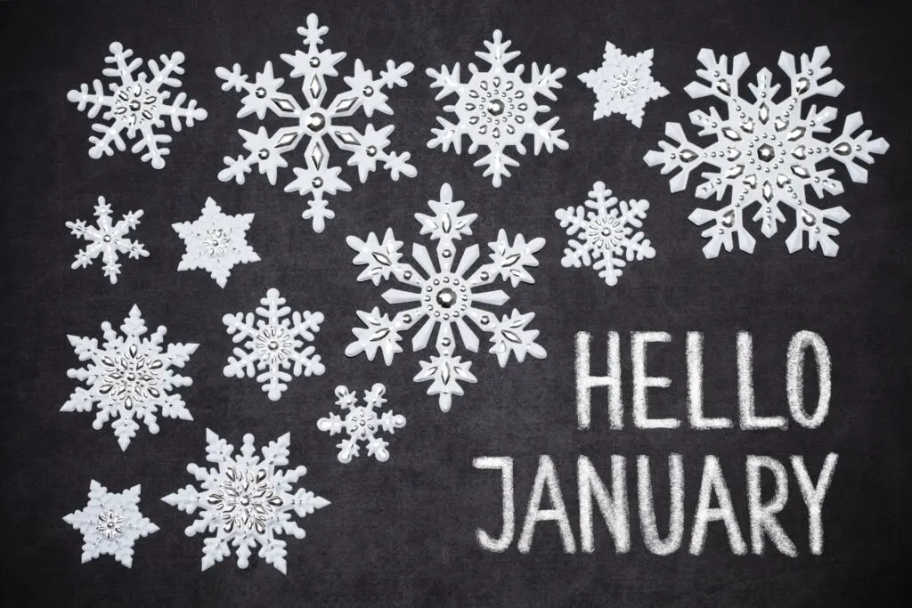 Hello January sign with snowflakes - blank January calendars to print