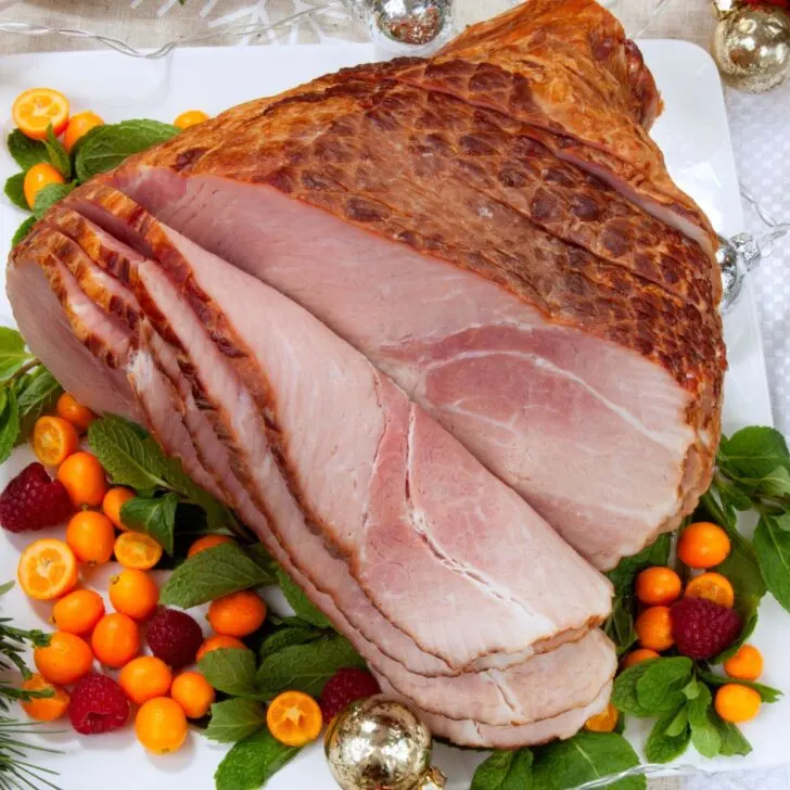 sliced ham on holiday platter